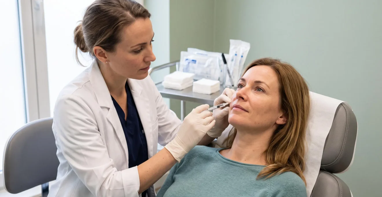 Een arts brengt bij een vrouwelijke patiënt voorzichtig een fillerinjectie aan in de nasolabiale plooi in een behandelkamer van een esthetische kliniek.