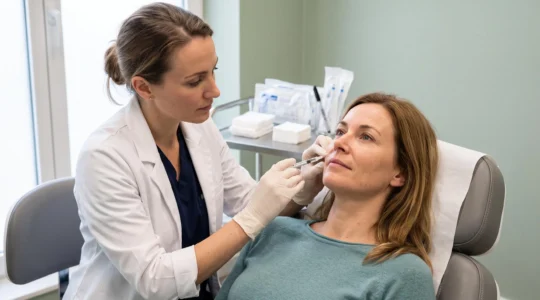 Een arts brengt bij een vrouwelijke patiënt voorzichtig een fillerinjectie aan in de nasolabiale plooi in een behandelkamer van een esthetische kliniek.
