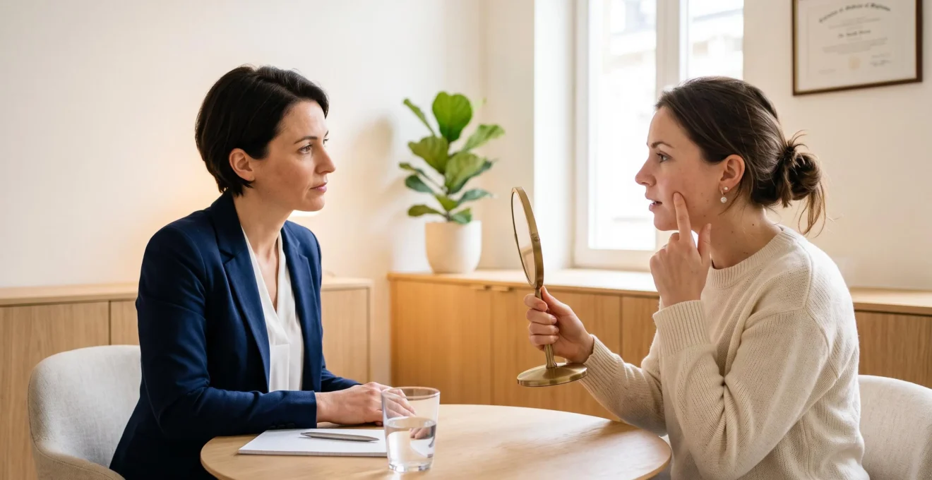 Een vrouw houdt een spiegel vast en wijst naar haar wang tijdens een eerste gesprek met een arts aan een tafel in een kliniek.