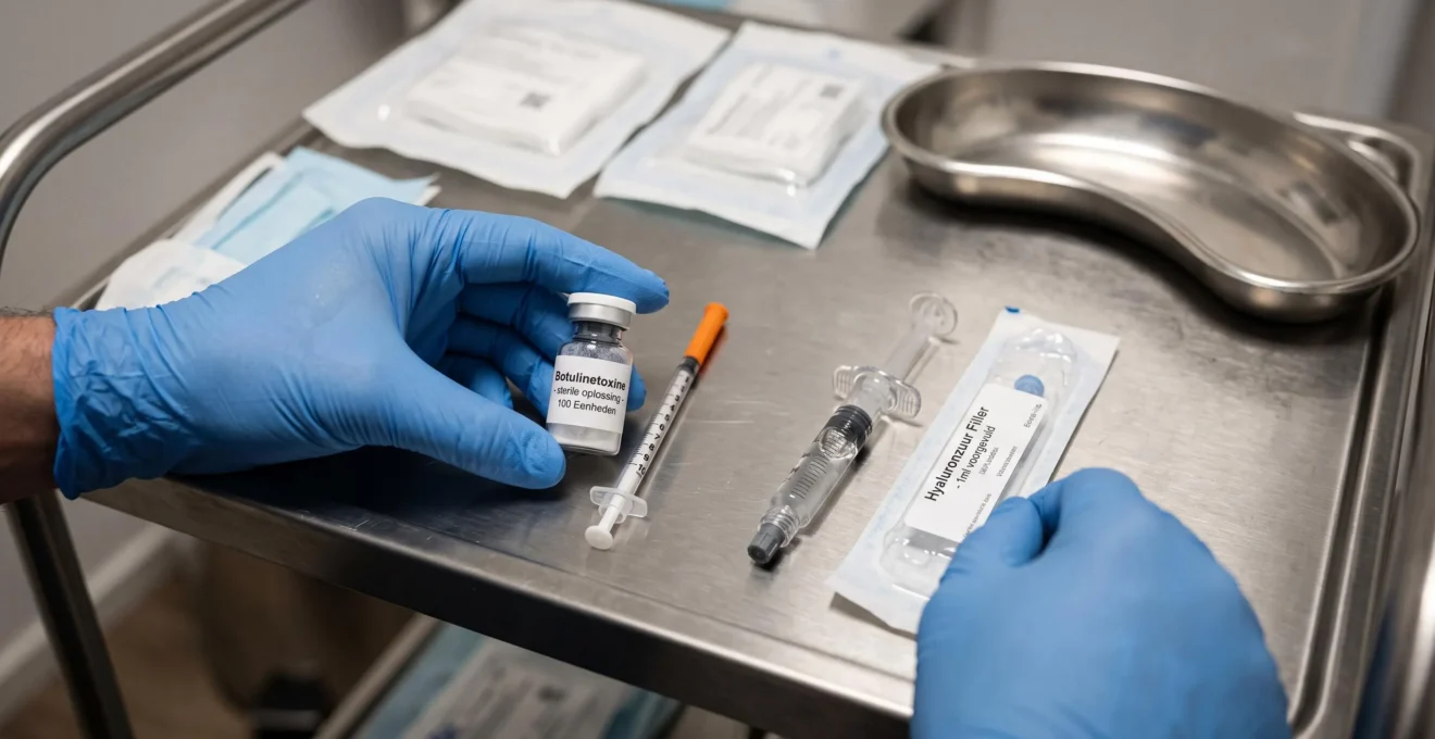 Two distinct injectable products, botulinum toxin and hyaluronic acid, are presented side by side on a treatment trolley.